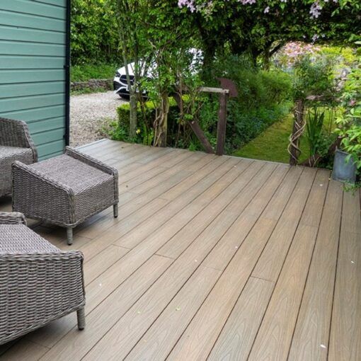 Tough Decking Champagne Light Oak Composite Decking In Shaded Area & Staggered Brick Effect Pattern